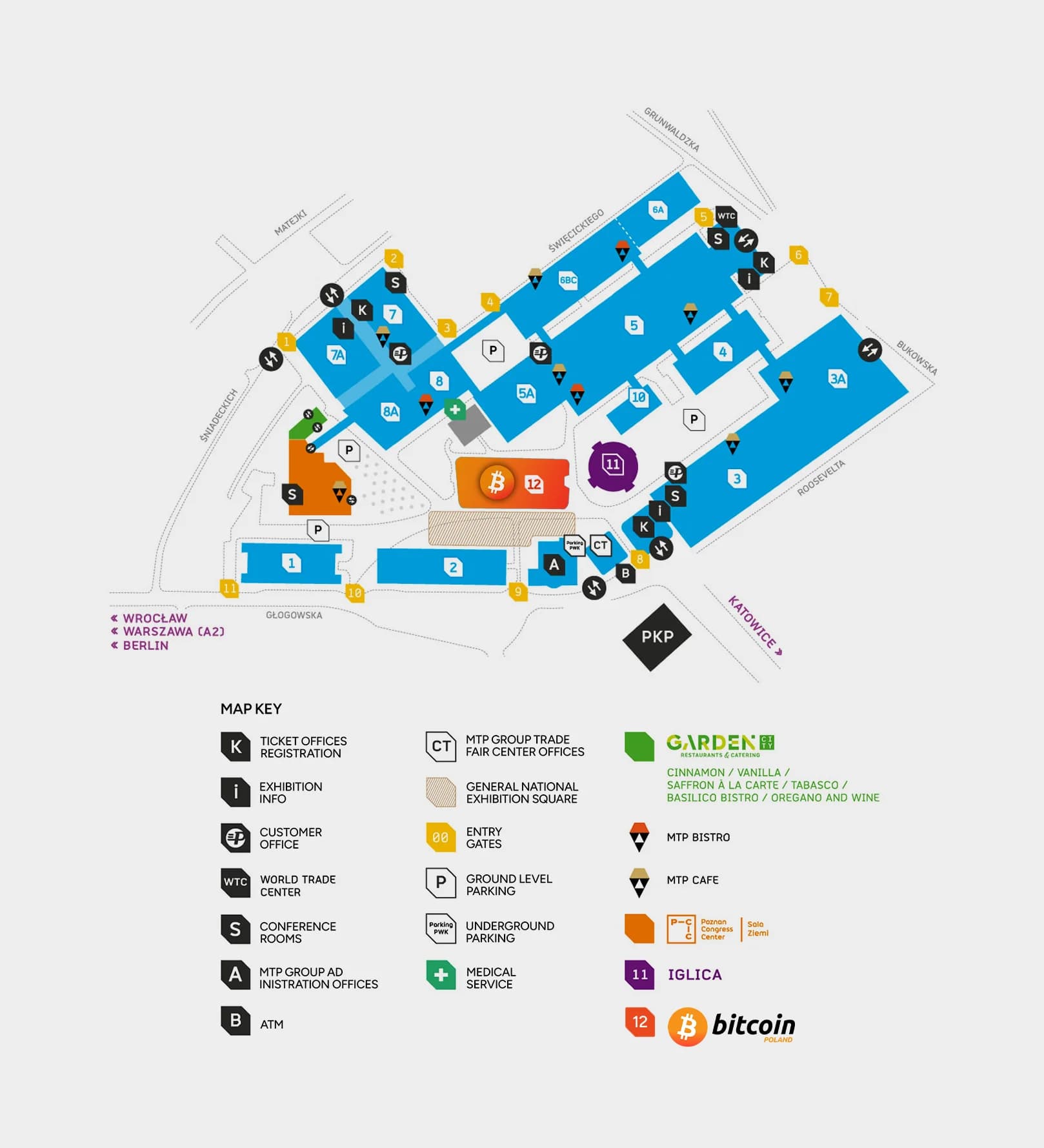 Map of the MTP fairgrounds around the Poznan Congress Center, with entry gates, parking and services